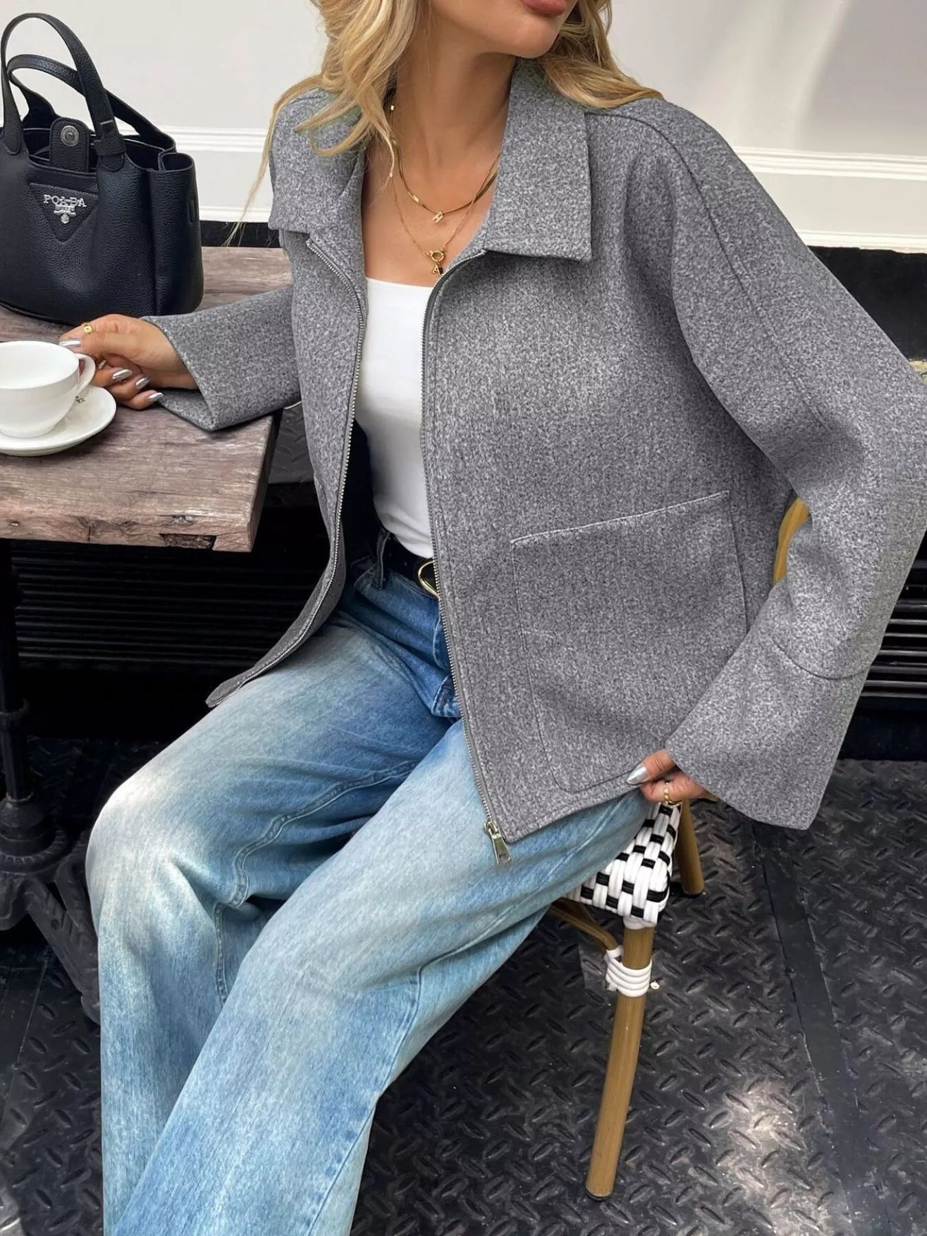 Oversized Collared Neck Zip-Up Jacket OutfitFlow