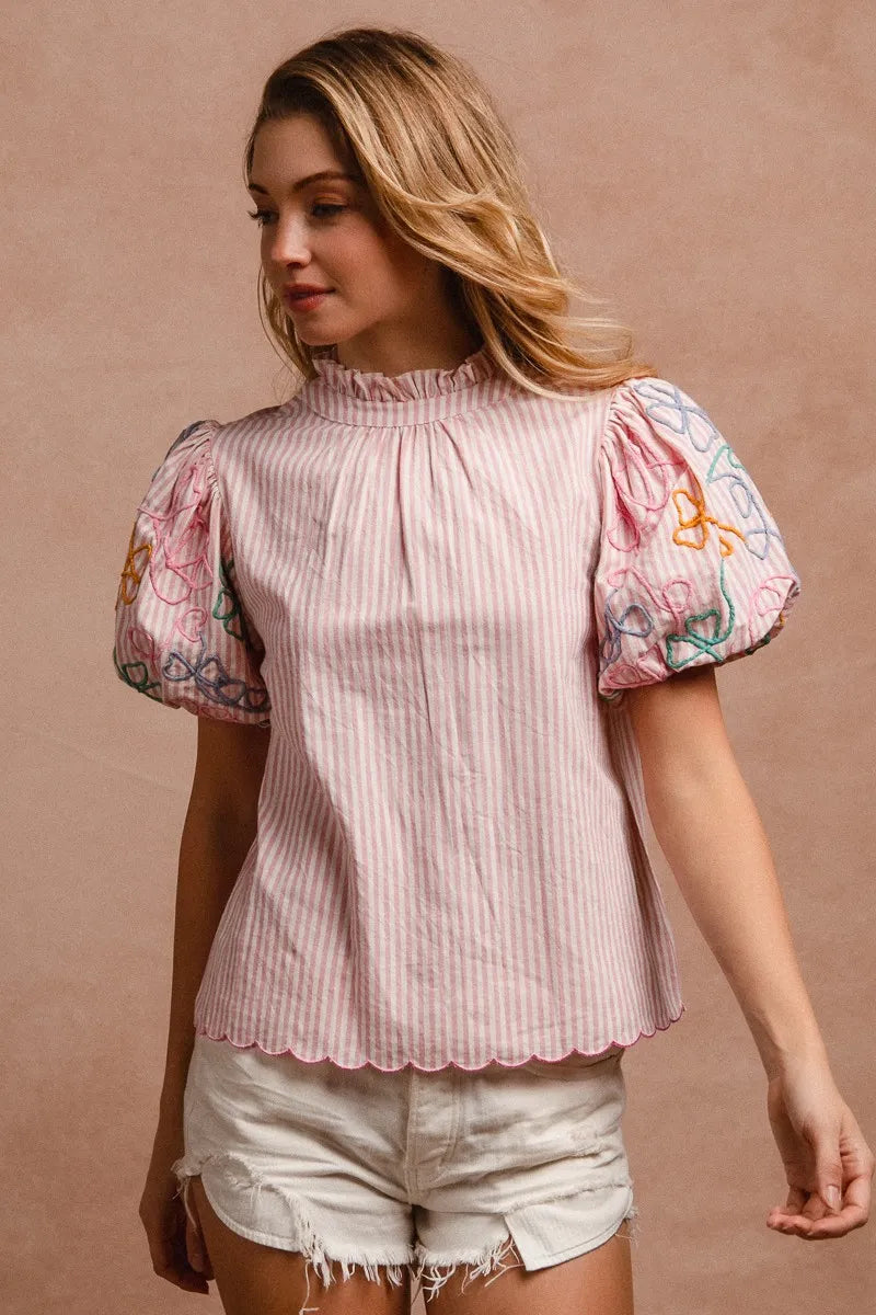 BiBi Embroidery Bubble Sleeve Top With Bottom Scallop Detail OutfitFlow