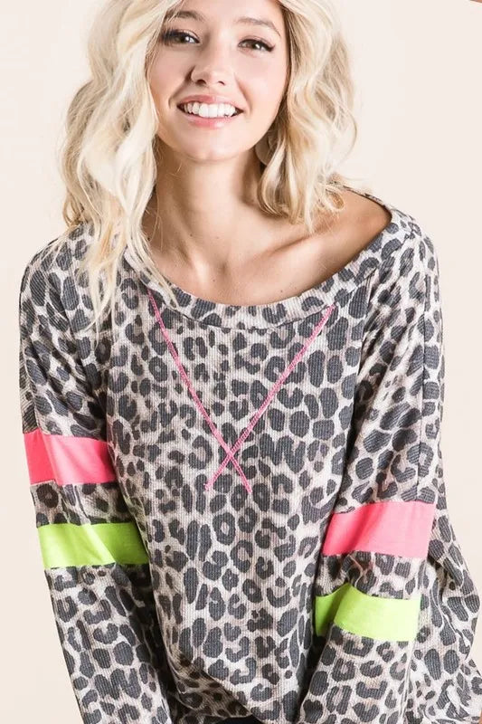 BiBi Leopard Thermal Top with Contrast Color Block OutfitFlow