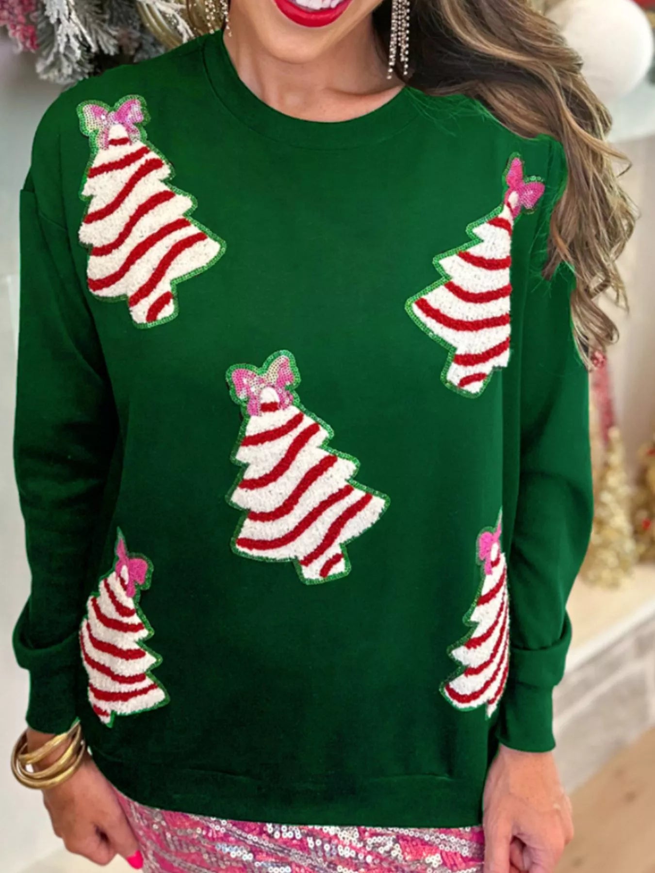 Christmas Tree Sequin Long Sleeve Sweatshirt Green OutfitFlow