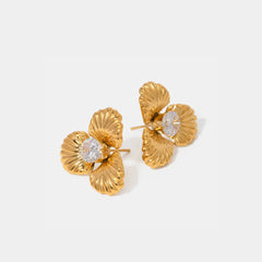 Stainless Steel Zircon Flower Shape Earrings Gold One Size OutfitFlow