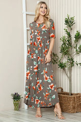 BOMBOM Floral Round Neck Short Sleeve Maxi Tee Dress OutfitFlow