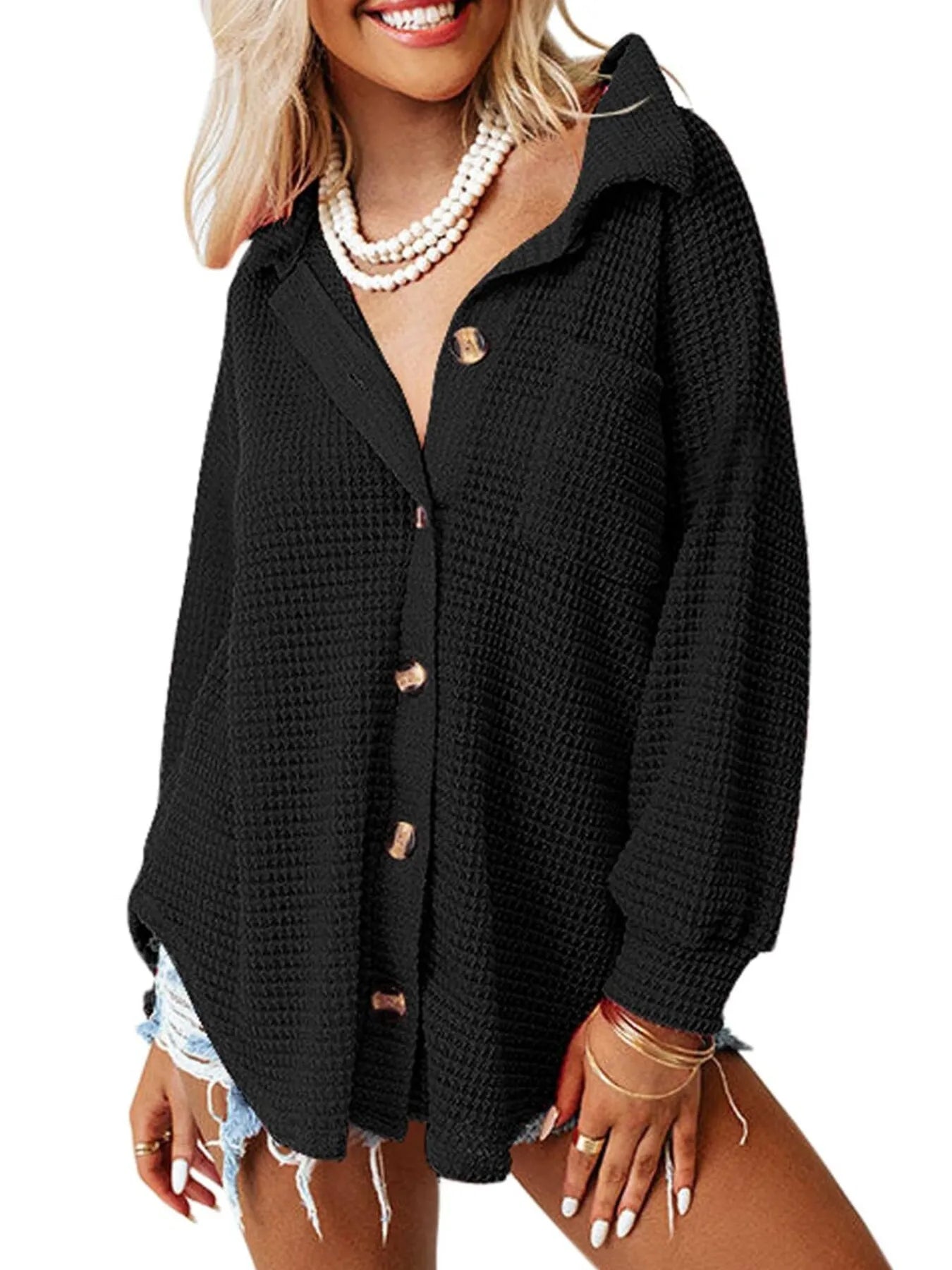 Waffle Knit Button-Down Shirt Black OutfitFlow