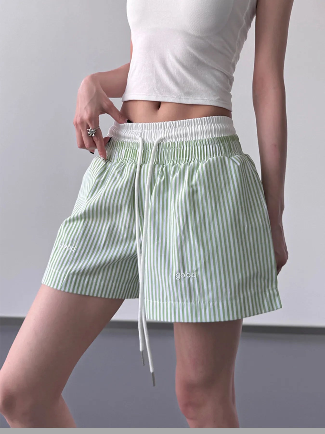Striped Drawstring Waist Casual Shorts OutfitFlow