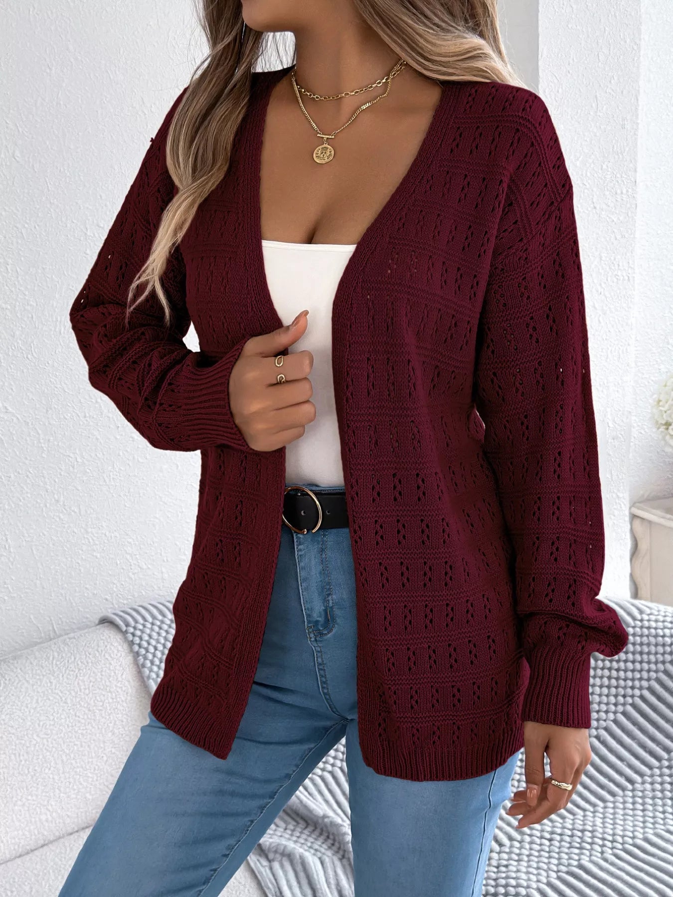 Open-Front Crochet Knit Cardigan OutfitFlow