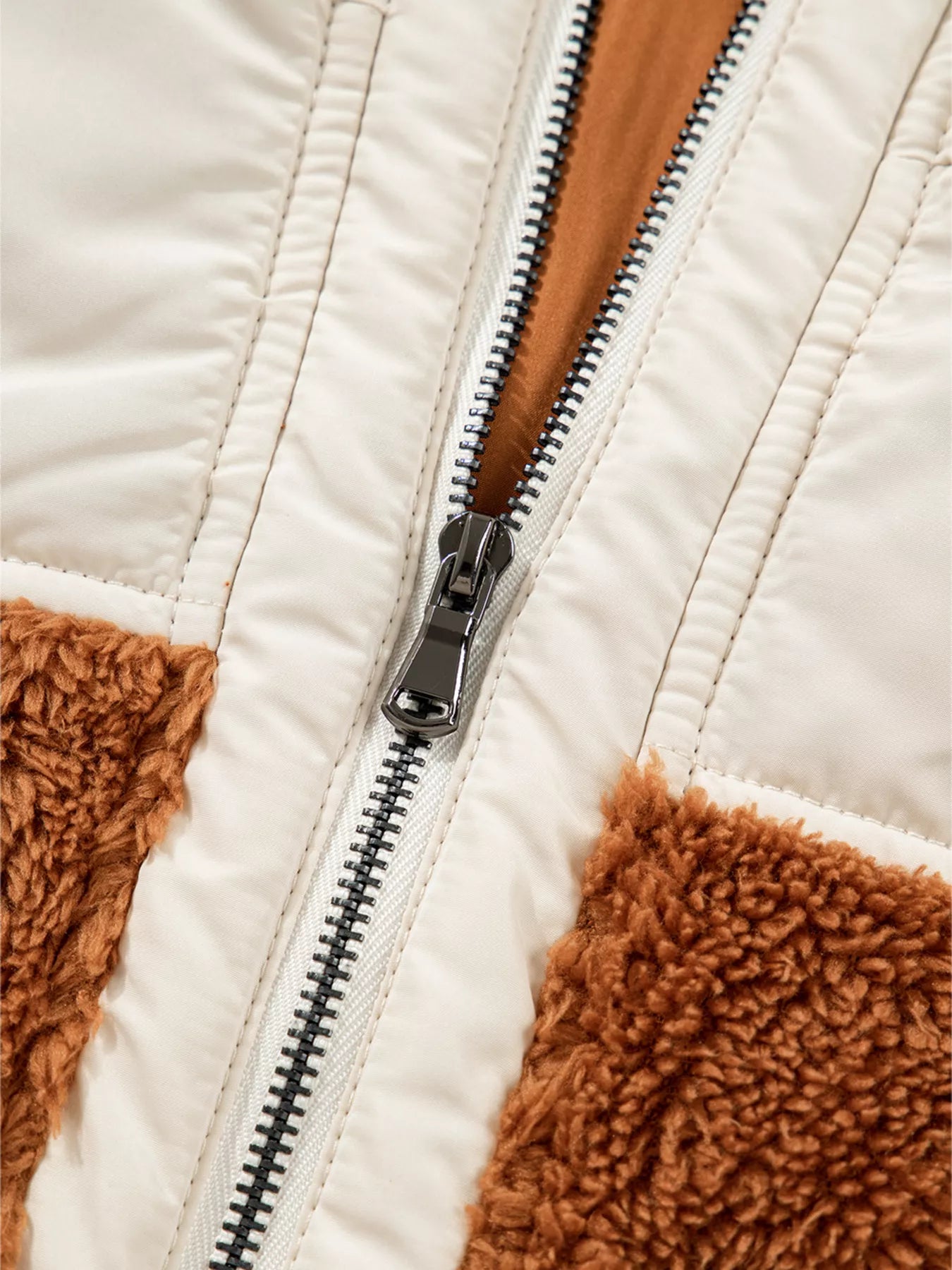 Color Block Plush Patchwork Zipper Stand Neck Vest Coat OutfitFlow