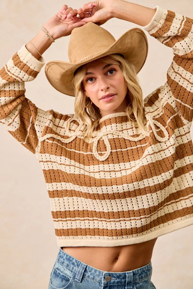BiBi Striped Open Knit Sweater Top with Front Braided Detail OutfitFlow