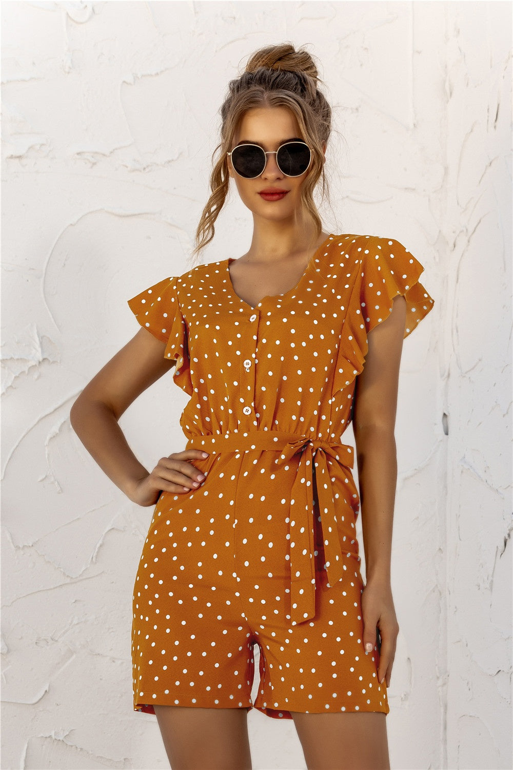 Outfit Flow - Ruffled Polka Dot Half Button Romper