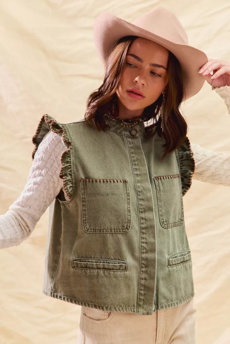 SO ME Washed Denim Stitch Ruffled Hidden Button Vest Top OutfitFlow