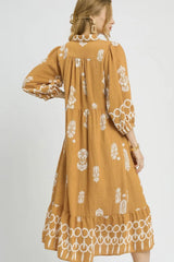 Umgee Ruffled Hem Printed Johnny Collar Midi Dress OutfitFlow