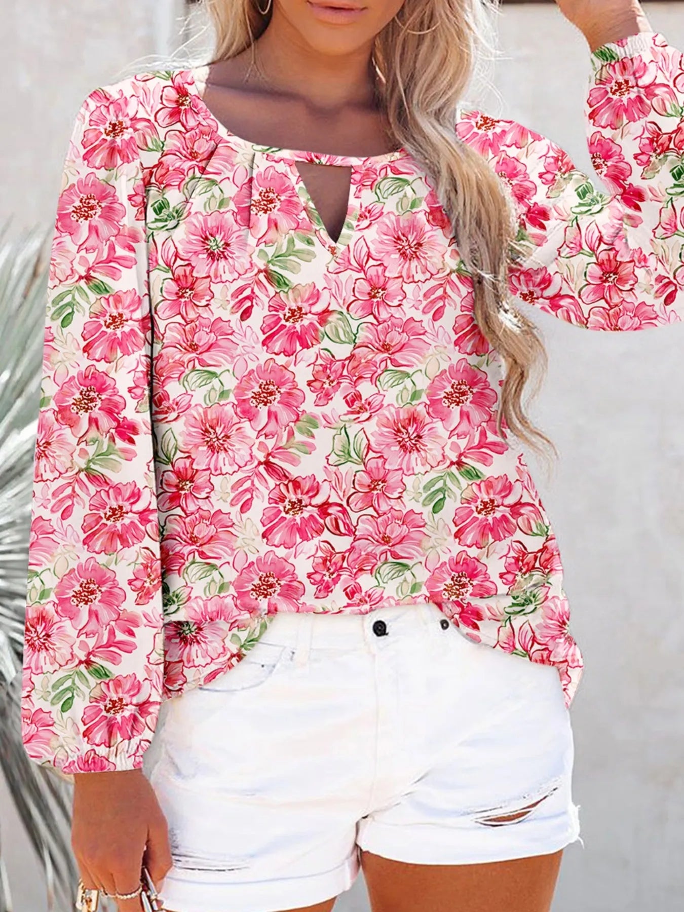 Floral Print Keyhole Neck Blouse OutfitFlow