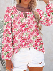 Floral Print Keyhole Neck Blouse OutfitFlow