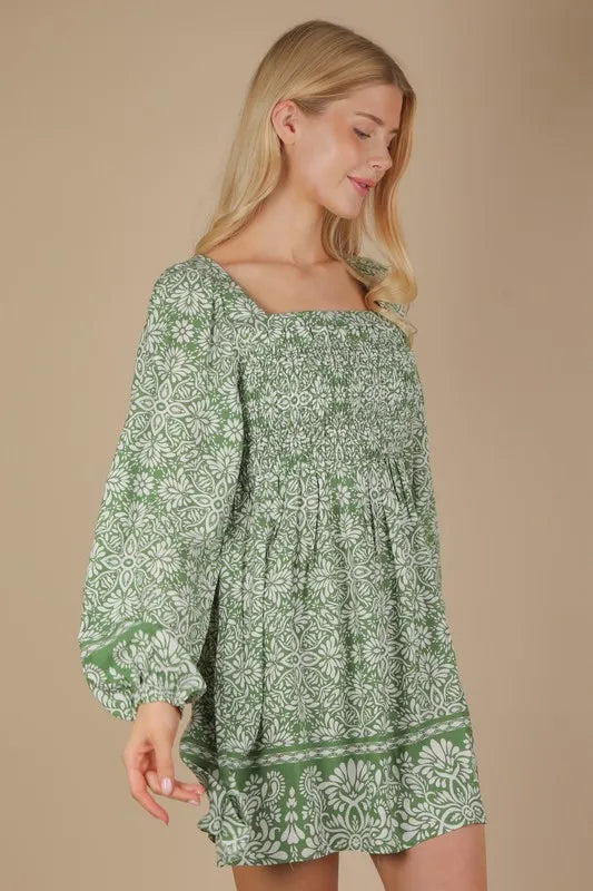 VERY J Printed Smocked Chest Boho Mini Dress OutfitFlow