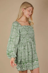 VERY J Printed Smocked Chest Boho Mini Dress OutfitFlow