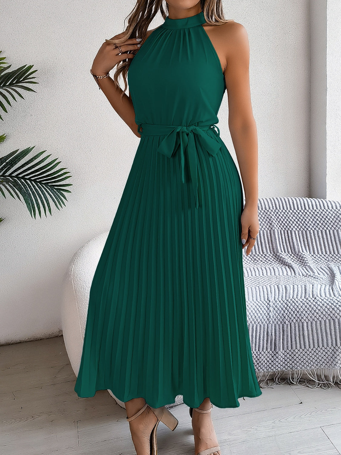 Grecian Neck Tie Waist Pleated Dress OutfitFlow