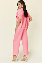 Outfit Flow - Double Take Full Size Texture Half Zip Short Sleeve Top and Pants Set