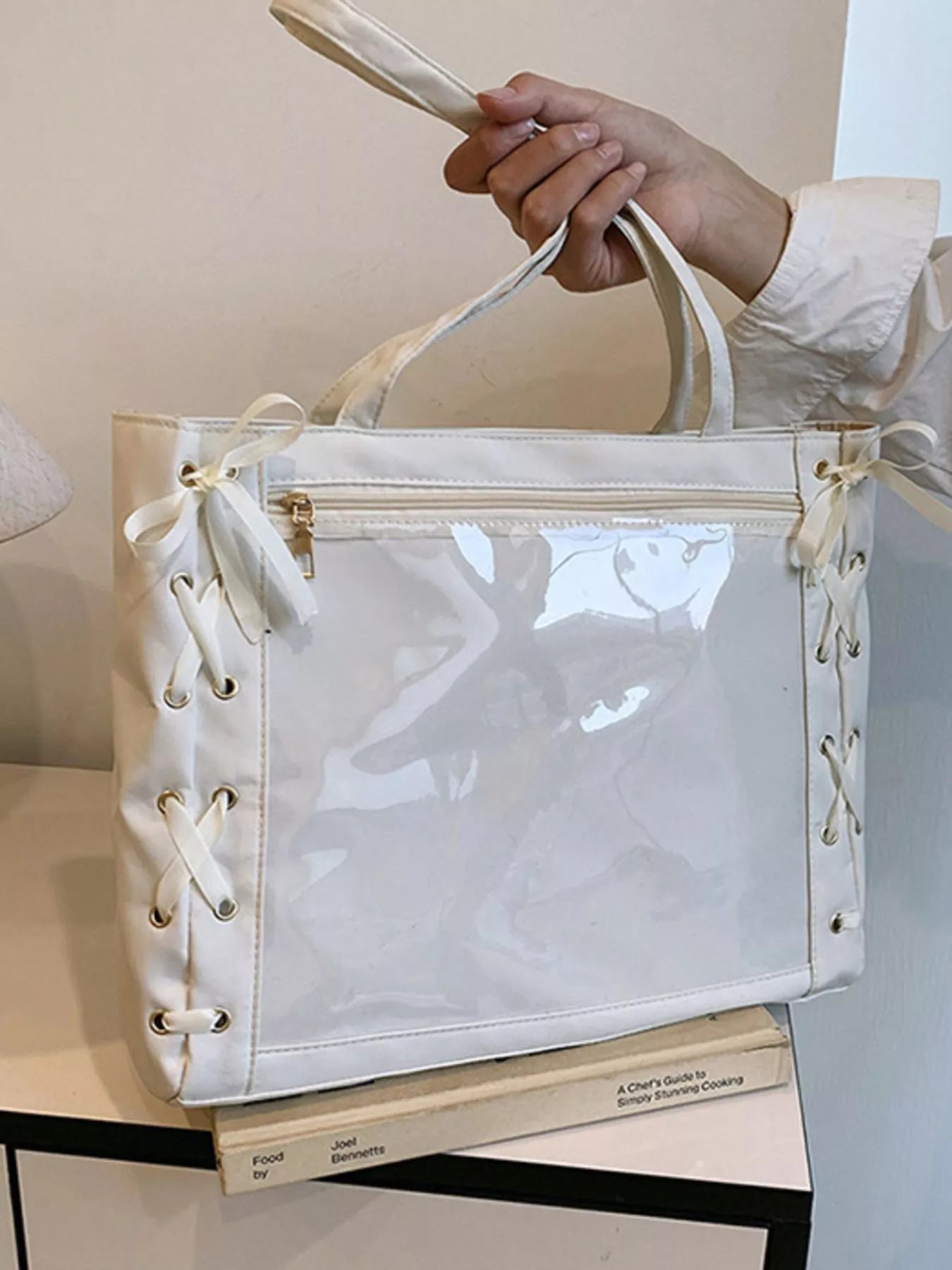 Lace-Up Trim Clear Panel Shoulder Bag OutfitFlow