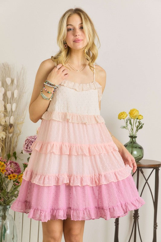 ADORA Swiss Dot Ruffled Tiered Mini Dress OutfitFlow