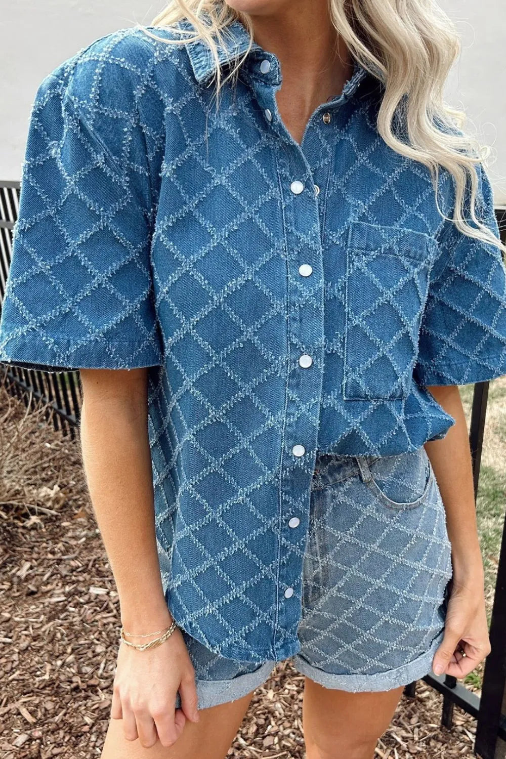 Pocketed Collared Neck Short Sleeve Denim Shirt OutfitFlow