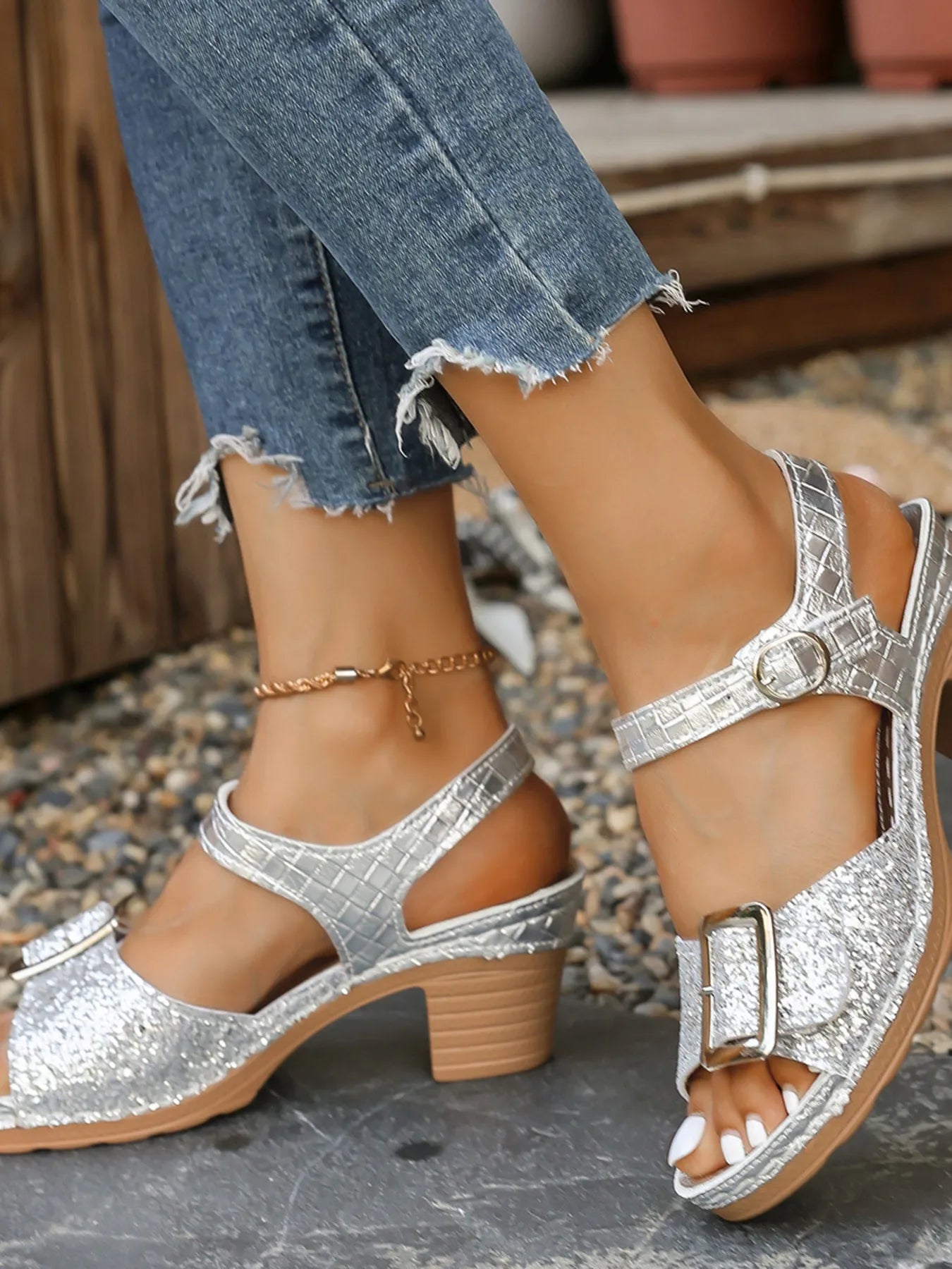 Glitter Block Heel Buckle Sandals OutfitFlow