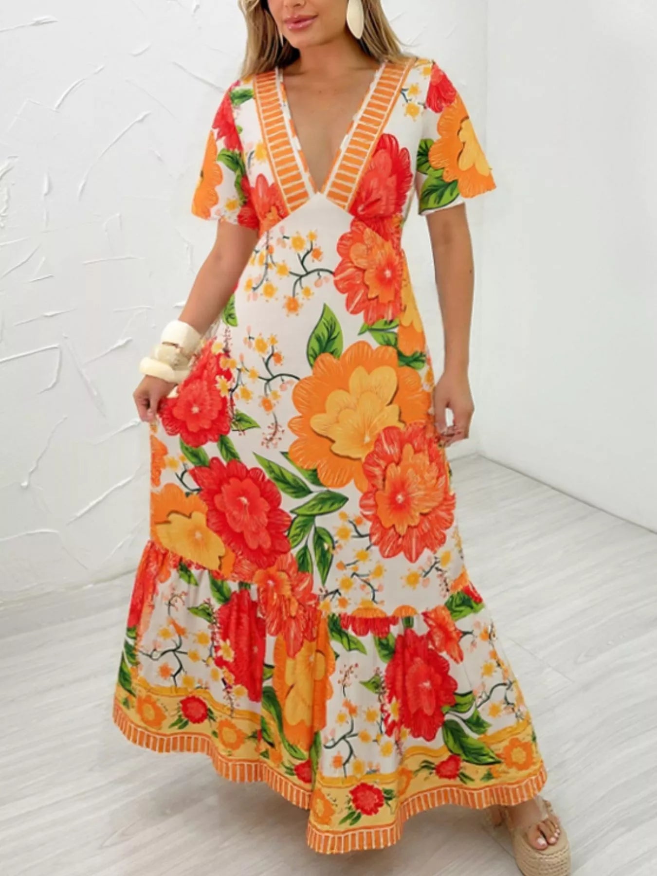 Floral Print V-Neck Maxi Dress Orange Trendsi