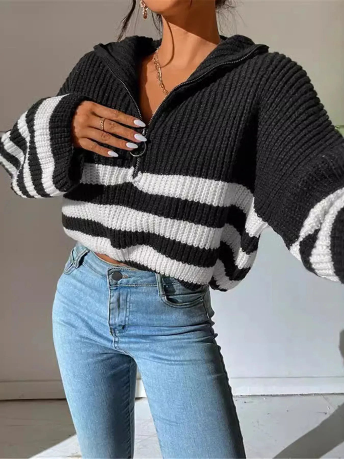 Striped Half Zip Cropped Sweater OutfitFlow