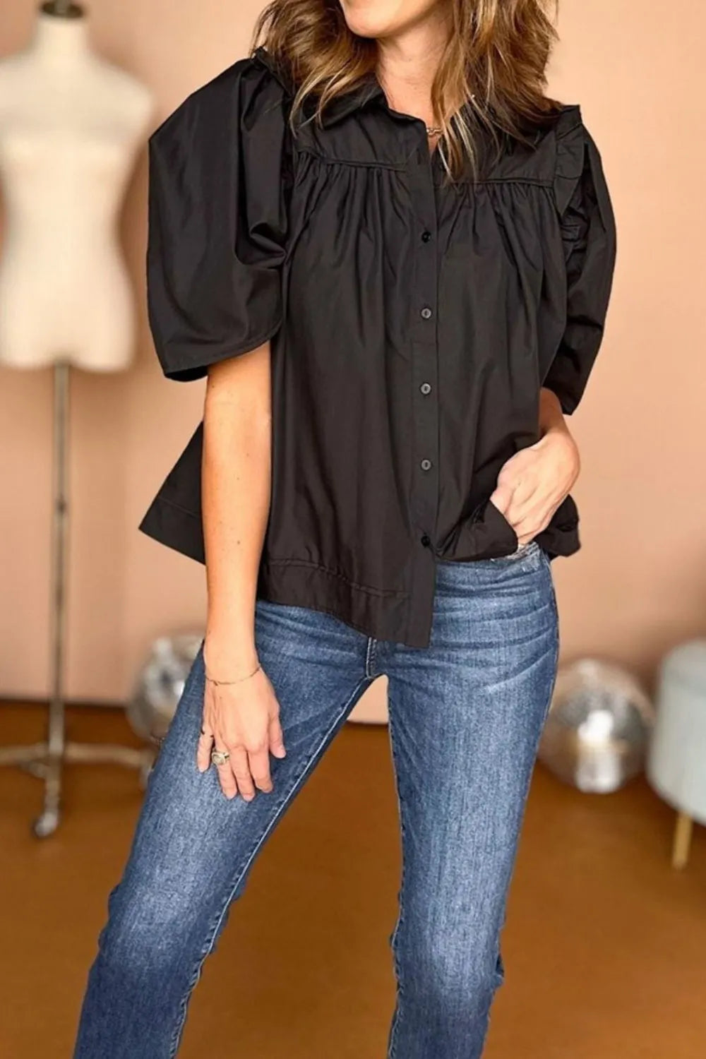 Puff Sleeve Button Down Shirt OutfitFlow