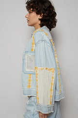 POL Raw Hem Zip Up Denim Jacket with Plaid and Crochet Patch OutfitFlow