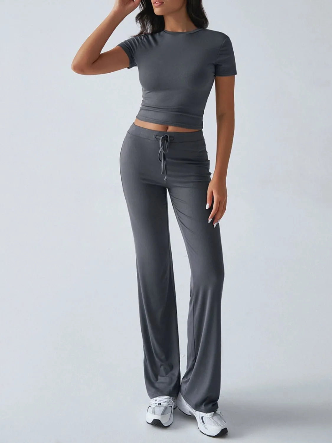 Round Neck Short Sleeve Top and Pants Set OutfitFlow
