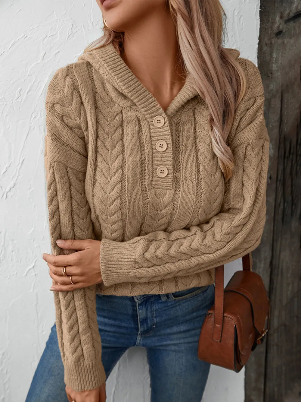 Cable-Knit Long Sleeve Hooded Sweater Trendsi