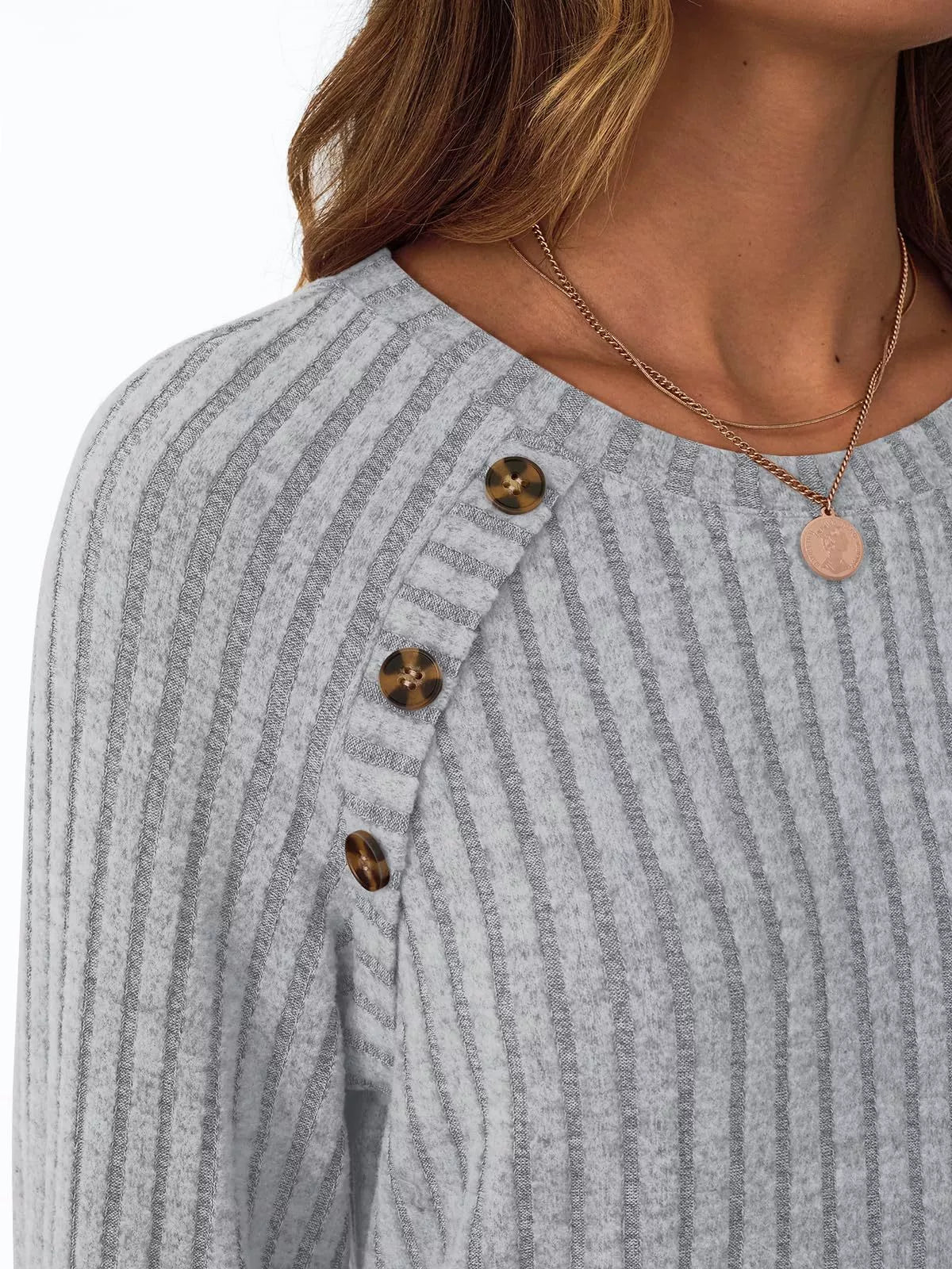 Ribbed Knit Decor Button Long Sleeve T-Shirt OutfitFlow