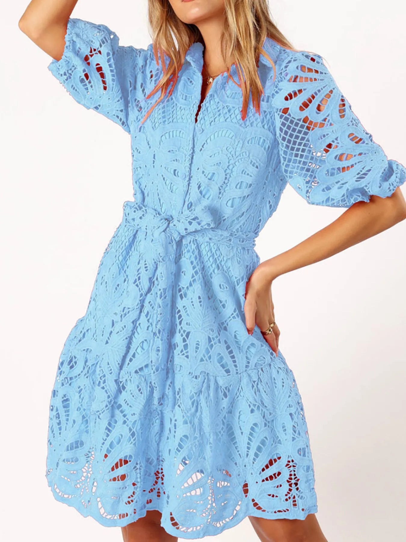 Lace Tie Waist Half Sleeve Dress Light Blue OutfitFlow