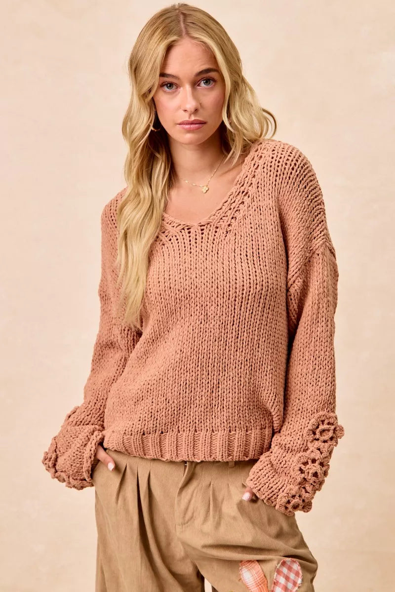 BiBi Chunky Knit Sweater with Flower Detail Sleeves OutfitFlow