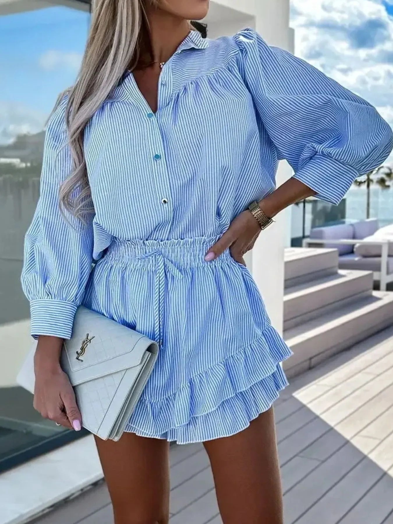Striped Shirt and Skirt Set with Ruffle Details OutfitFlow