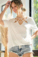 BiBi Silky Knit Top with Front Details OFF WHITE OutfitFlow