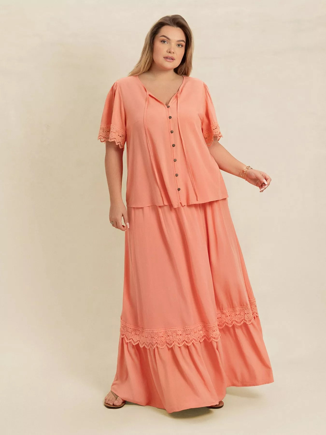 Plus Size Lace Detail Tie Neck Top and Skirt Set Coral OutfitFlow