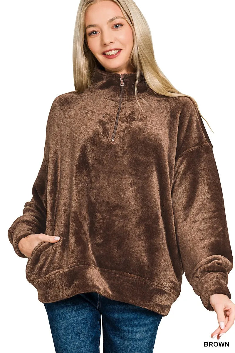 Zenana Faux Fur Half Zip Pocket Pullover OutfitFlow