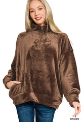 Zenana Faux Fur Half Zip Pocket Pullover OutfitFlow