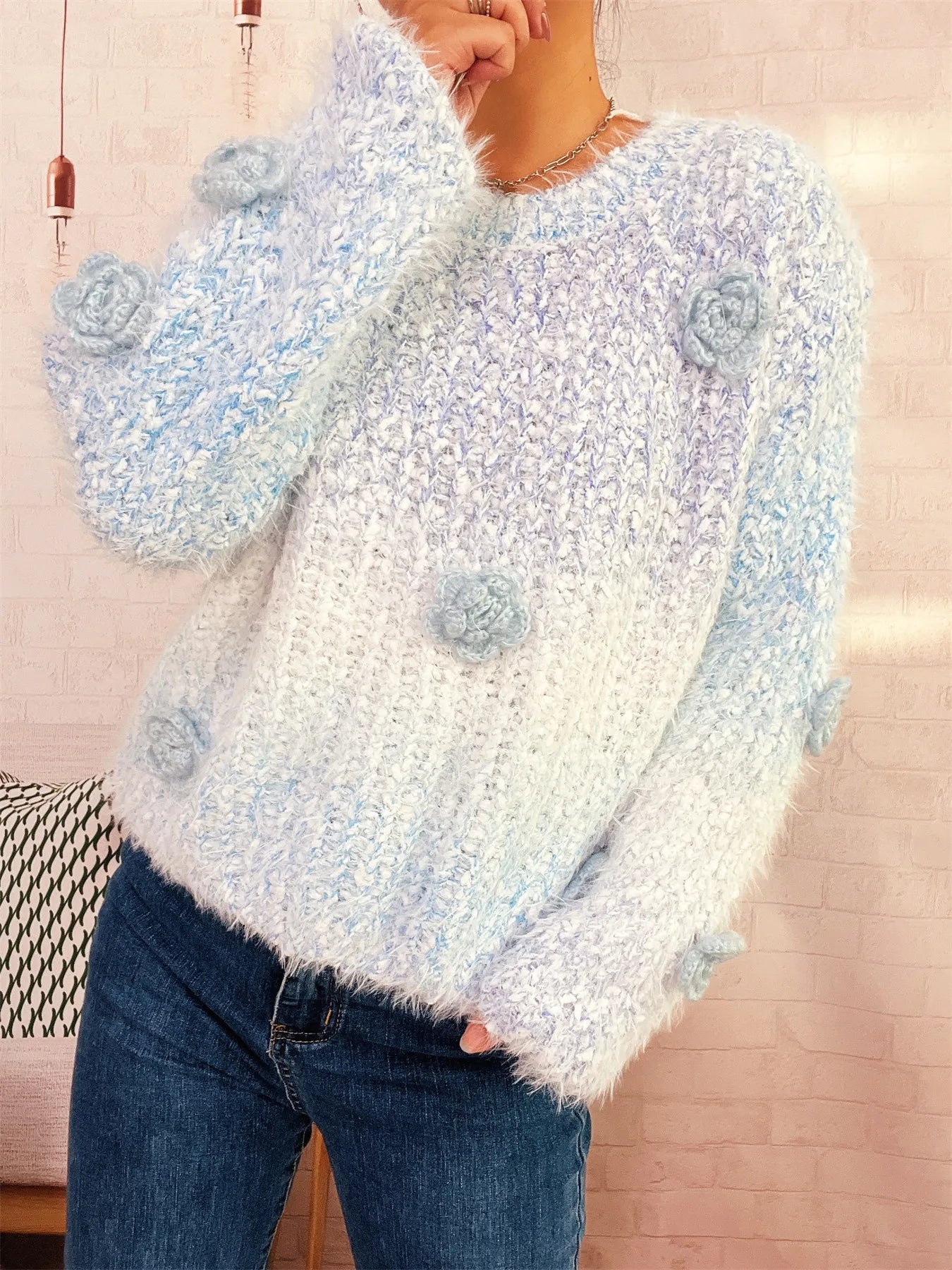 Flower Embellished Round Neck Sweater OutfitFlow