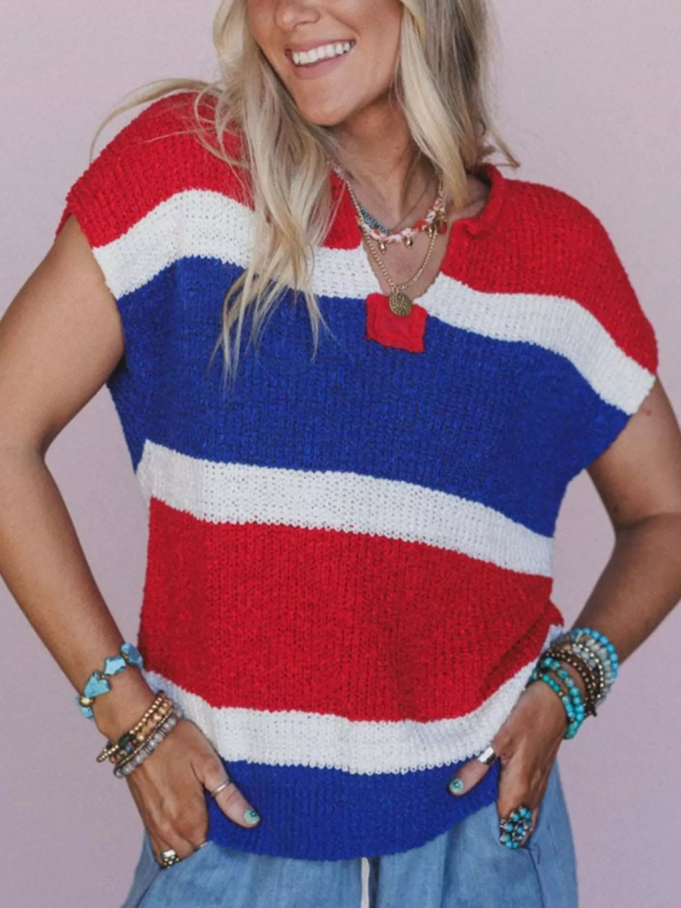 Striped Notched Short Sleeve Sweater OutfitFlow