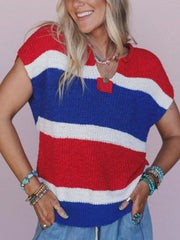 Striped Notched Short Sleeve Sweater OutfitFlow
