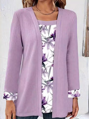 Floral Print Casual Fake Two Piece Top Light Purple OutfitFlow