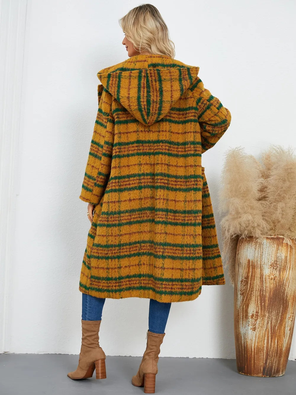 Plaid Long Sleeve Hooded Coat with Pockets OutfitFlow