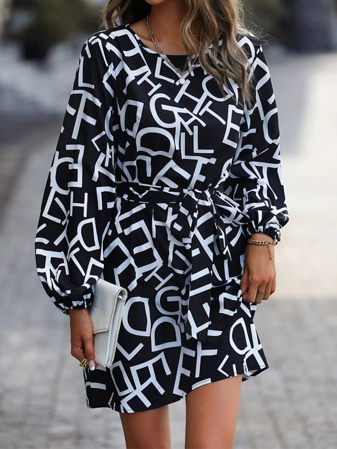 Letter Print Balloon Sleeve Dress Black OutfitFlow