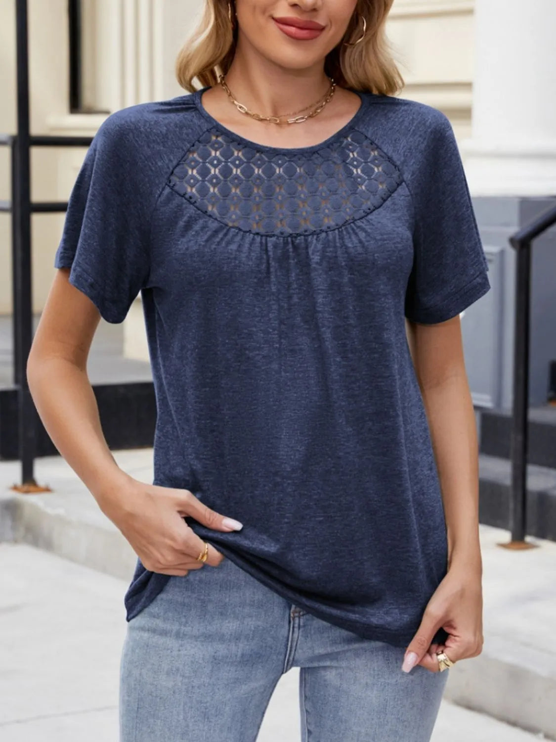 Lace Detail Round Neck Short Sleeve Blouse OutfitFlow