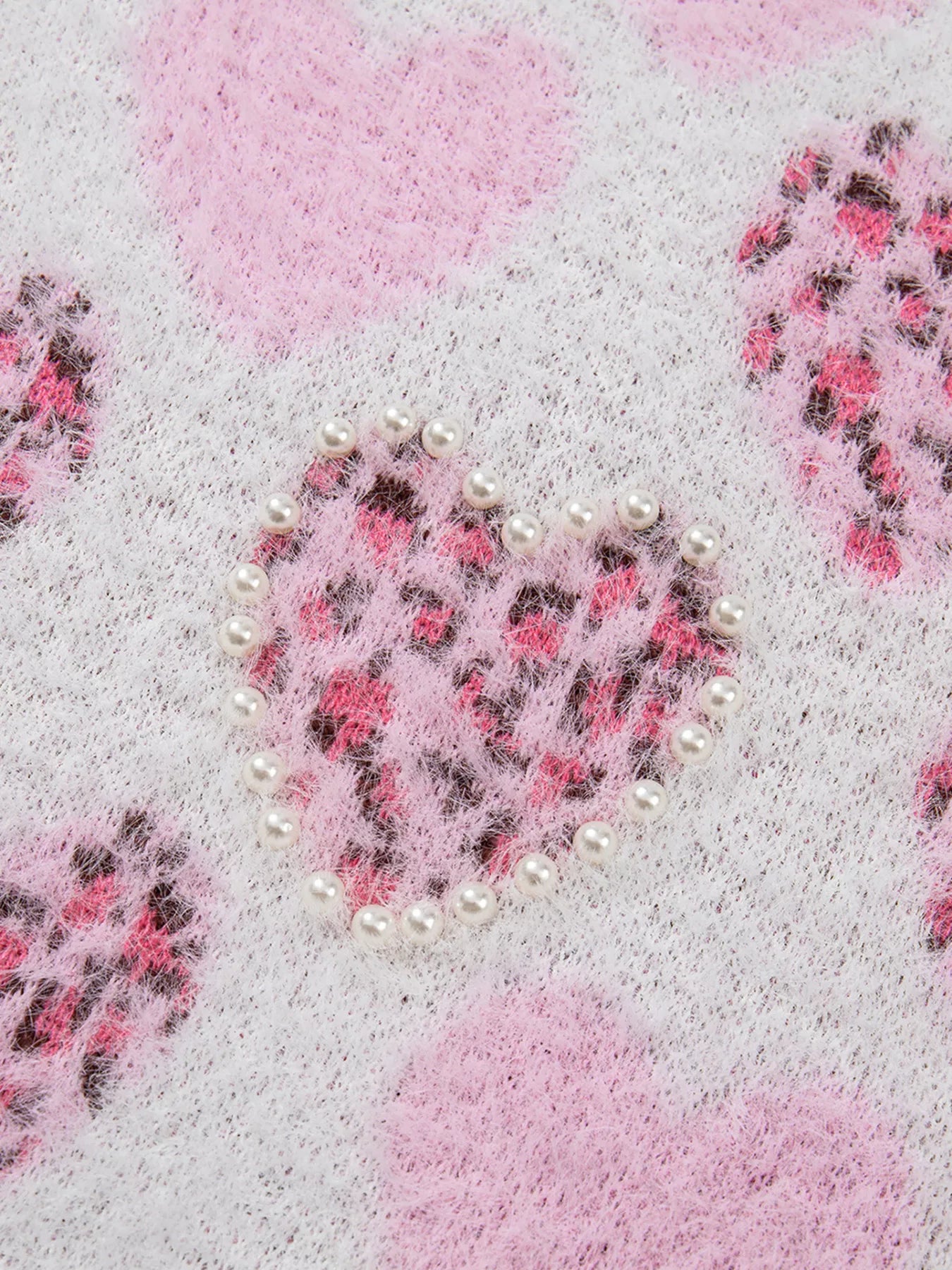 Heart Leopard Pearled Ribbed Trim Fuzzy Sweater OutfitFlow