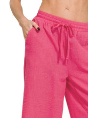 Zenana Woven Crepe Elastic Band Waist Cropped Pants OutfitFlow