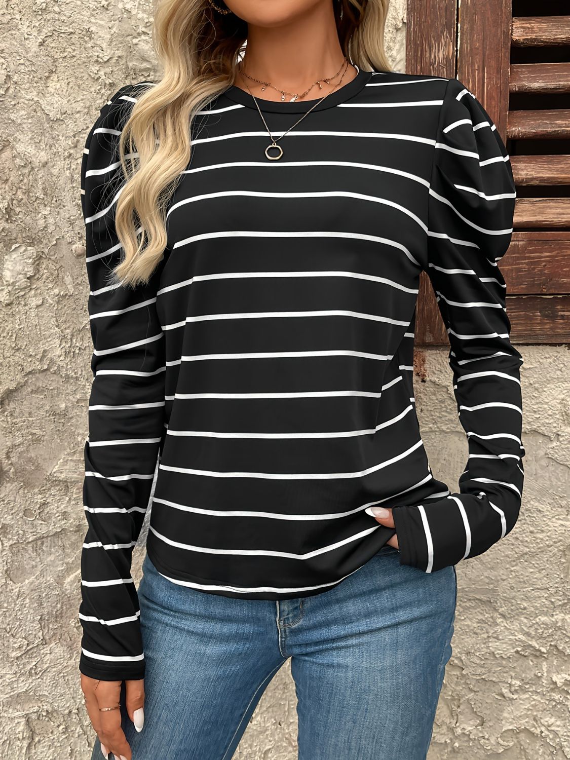 Outfit Flow - Full Size Striped Round Neck Puff Sleeve T-Shirt