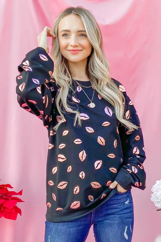 And The Why Kiss Pink Foil Allover Print Pullover Sweatshirts OutfitFlow