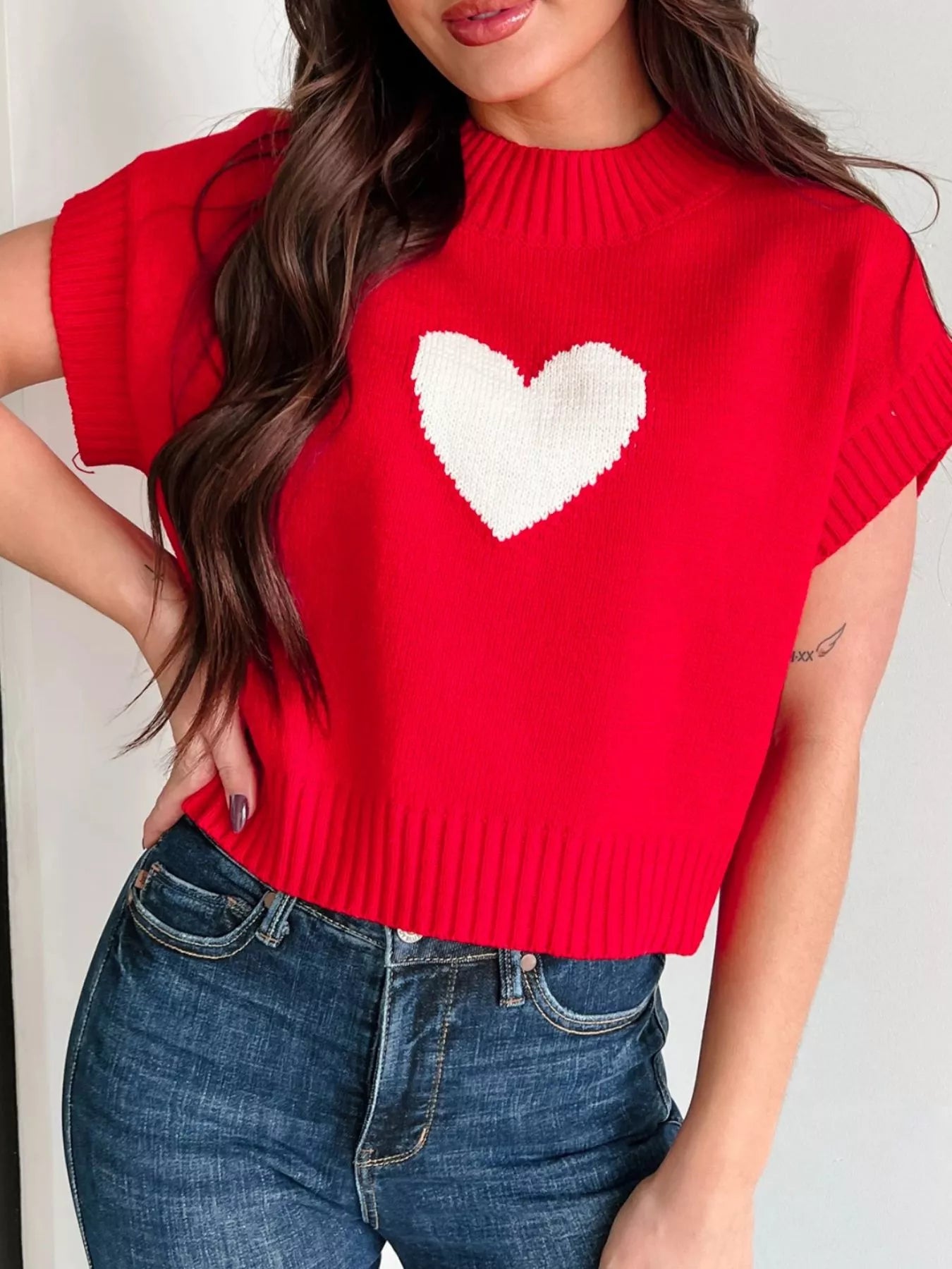 Heart Ribbed Hem Short Sleeve Sweater Trendsi